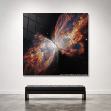 Butterfly Nebula 40 x 40 glossy aluminum print shown to scale in a white gallery bench