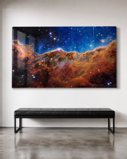 Carina Nebula 36 x 60 glossy aluminum print shown to scale in a white gallery bench