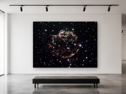 Hubble Cassiopeia A 40 x 60 glossy aluminum print shown to scale in a white gallery bench