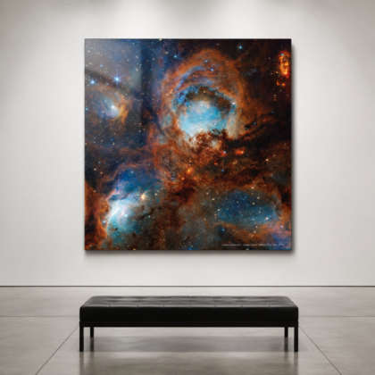Cat's Paw Nebula 40 x 40 glossy aluminum print shown to scale in a white gallery bench