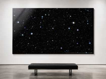COSMOS Field UltraVISTA 40 x 60 glossy aluminum print shown to scale in a white gallery bench