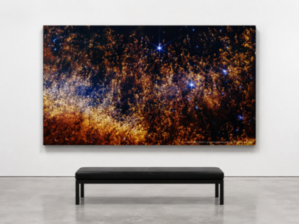 Helix Nebula 40 x 60 glossy aluminum print shown to scale in a white gallery bench