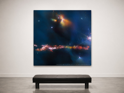 HH 797 40 x 40 glossy aluminum print shown to scale in a white gallery bench