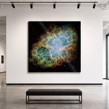 Hubble Crab Nebula 40 x 40 glossy aluminum print shown to scale in a white gallery bench