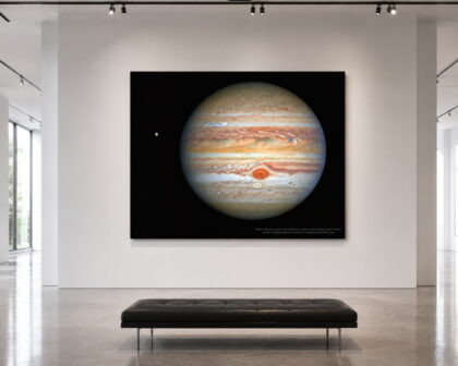 Hubble Jupiter Europa 40 x 50 glossy aluminum print shown to scale in a white gallery