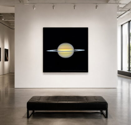 Hubble Saturn 40 x 40 glossy aluminum print shown to scale in a white gallery