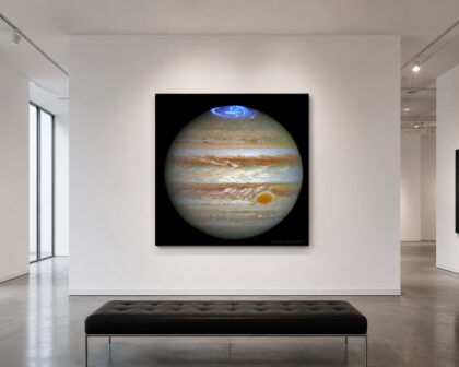 Jupiter with Aurora 40 x 40 glossy aluminum print shown to scale in a white gallery