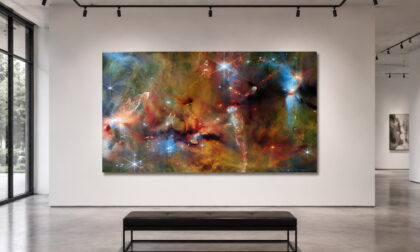 OMC-2 James Webb Orion Molecular Cloud 36 x 60 glossy aluminum print shown to scale in a white gallery