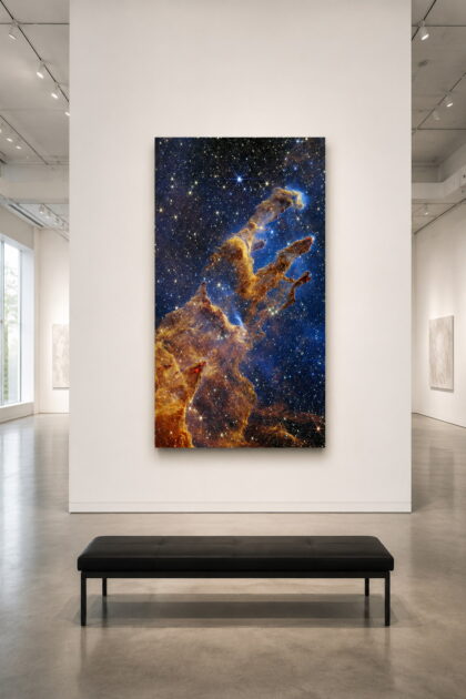 Pillars of Creation 36 x 60 glossy aluminum print shown to scale in a white gallery