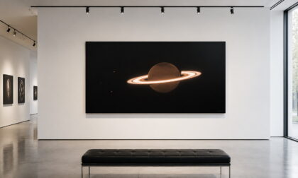 Webb Saturn 36 x 60 glossy aluminum print shown to scale in a white gallery